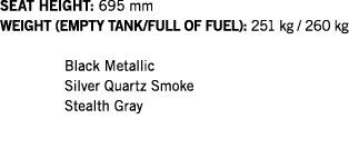SEAT HEIGHT: 695 mm WEIGHT (EMPTY TANK FULL OF FUEL): 251 kg   260 kg  Black Metallic Silver Quartz Smoke Stealth Gray